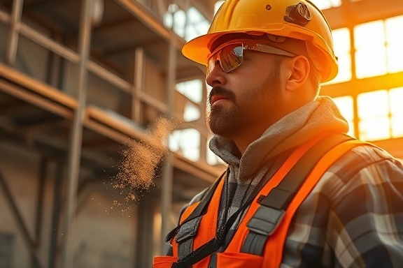 electrician safety gear, secure, being worn by a worker, photorealistic, in a construction site with scaffolding, highly detailed, dust floating in the air, HDR, warm golden light, shot with a 50mm lens.
