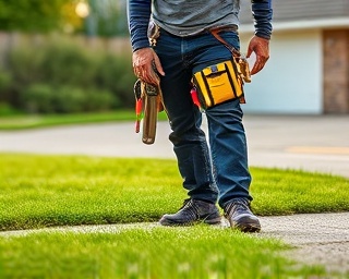 electrician preparing for installation, ready, assembling tool belts, photorealistic, in a residential area driveway, highly detailed, early morning dew on grass, pastel colors, morning light, shot with a tilt-shift lens.