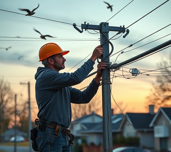 electrician upgrading power grid, innovative, handling high-voltage lines, photorealistic, near a suburban neighborhood, highly detailed, birds in flight, true color, soft dusk light, shot with a long-focus lens.