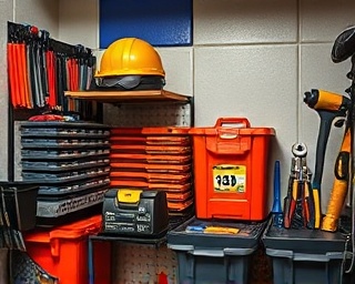 electrician organizing storage bins, systematic, placing tools neatly, photorealistic, in a small garage, highly detailed, shadow play on textured walls, vibrant color contrast, diffused lighting, shot with a compact lens.