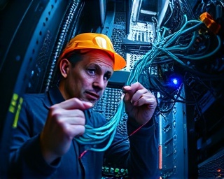 electrician examining network cables, precise, untangling wires, photorealistic, in a server room, highly detailed, LED indicators flickering, full-spectrum color, cold fluorescent lighting, shot with a fisheye lens.