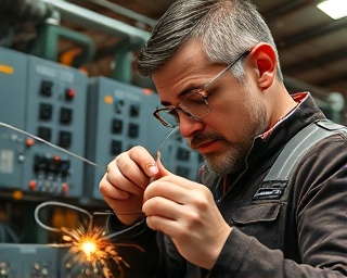 intricate electrician wiring, concentrating, carefully connecting complex wires, photorealistic, industrial facility background with electrical panels, highly detailed, sparks flying subtly, mid-action capture, vibrant copper tones, dynamic overhead lighting, shot with a wide-angle lens.
