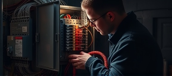 electrician repairing a fuse box, meticulous, using a voltage tester, photorealistic, in a dimly lit basement, highly detailed, tangled wires falling off the sides, 4K resolution, moody lighting, shot with a zoom lens.