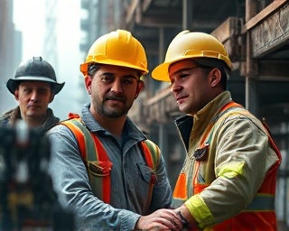 vigilant electrician in safety gear, alert, inspecting machinery, photorealistic, urban construction site with scaffolding and heavy machinery, highly detailed, dust particles in the air, action capture, high contrast tones, bright daylight, shot with an 85mm lens.