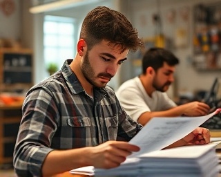 eager electrician apprentice, determined, studying circuit diagrams, photorealistic, educational lab environment with students and various electronic components, highly detailed, chalk dust floating around, still capture, warm earthy colors, soft afternoon lighting, shot with a portrait lens.