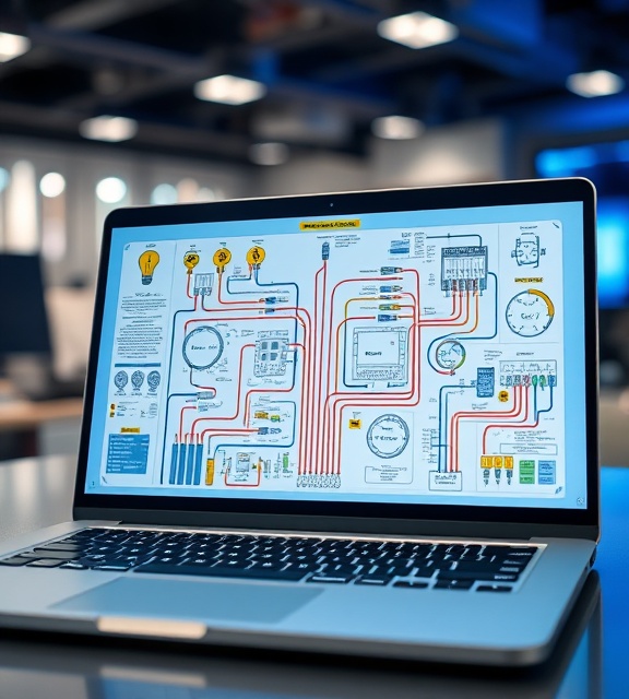 creative layout of electrician wiring schematic, conceptual, displayed on a laptop, photorealistic, in a tech office, highly detailed, digital overlays and icons, vivid colors, screen glare, shot with a depth-focus lens.