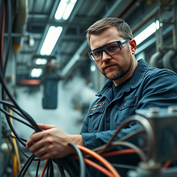 professional electrician with safety goggles, confident, sifting through cables, photorealistic, in an industrial facility, highly detailed, steam rising from machines, vibrant colors, harsh overhead lighting, shot with a 28mm lens.