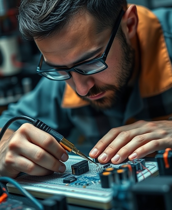 focused electrician creating a circuit, analytical, assembling components on a breadboard, photorealistic, tech workshop background with soldering iron spots and wire spools, highly detailed, slight oscillations from the fan, precise depth of field, metallic blue hues, low-key lighting, shot with a macro lens.