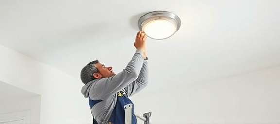 electrician wiring a ceiling light, careful, using a ladder for installation, photorealistic, in a minimalist room with white walls, highly detailed, dust particles highlighted by light, high definition, clear daylight, shot with a telephoto lens.